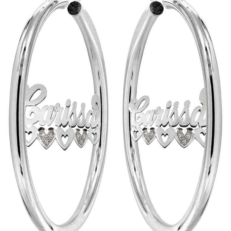14K Ladies White Gold with Diamonds Name Plate Hoop Earrings