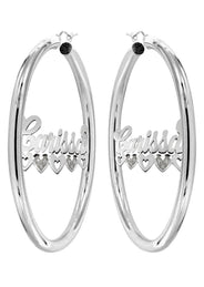 14K Ladies White Gold with Diamonds Name Plate Hoop Earrings