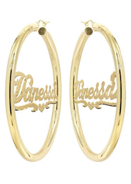 14K Ladies Diamond Cut Name Plate Hoop Earrings