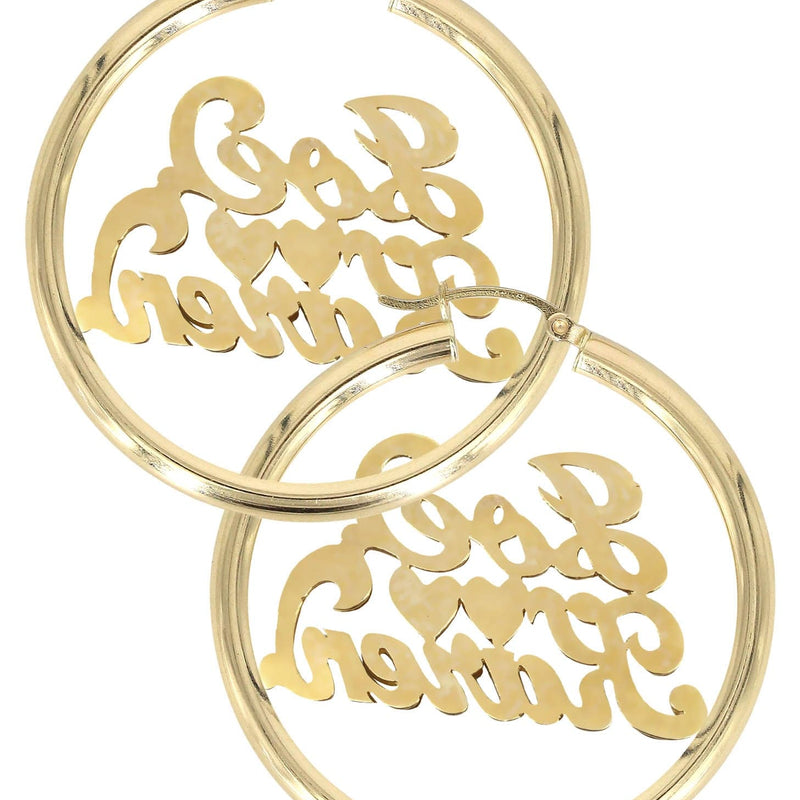 14K Ladies Couple Names Name Plate Hoop Earrings