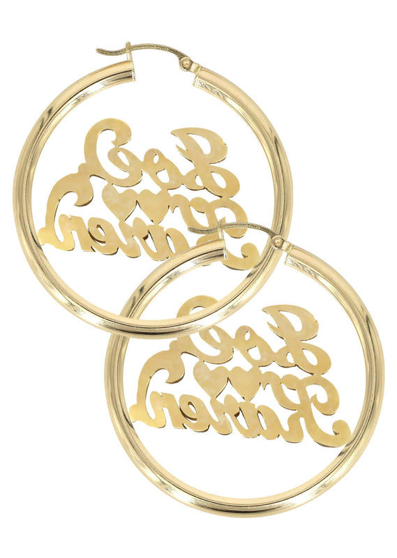 14K Ladies Couple Names Name Plate Hoop Earrings