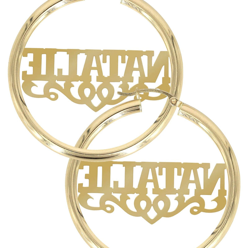 14K Ladies Diamond Cut Name Plate Hoop Earrings