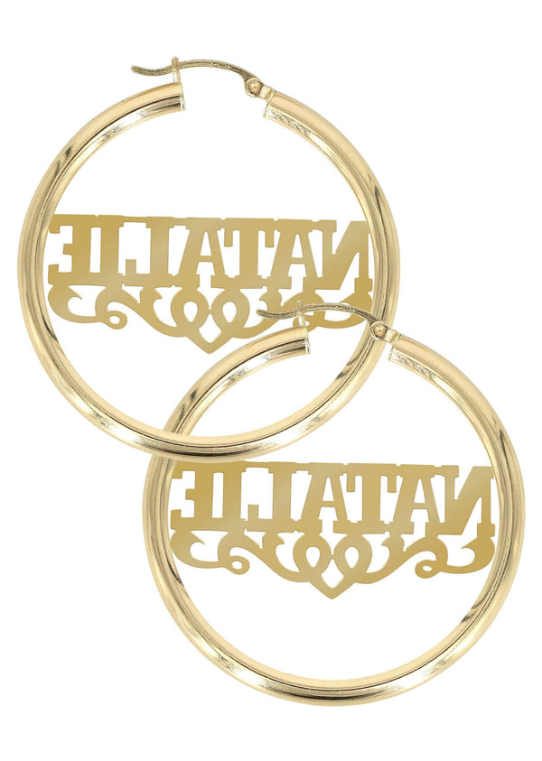 14K Ladies Diamond Cut Name Plate Hoop Earrings