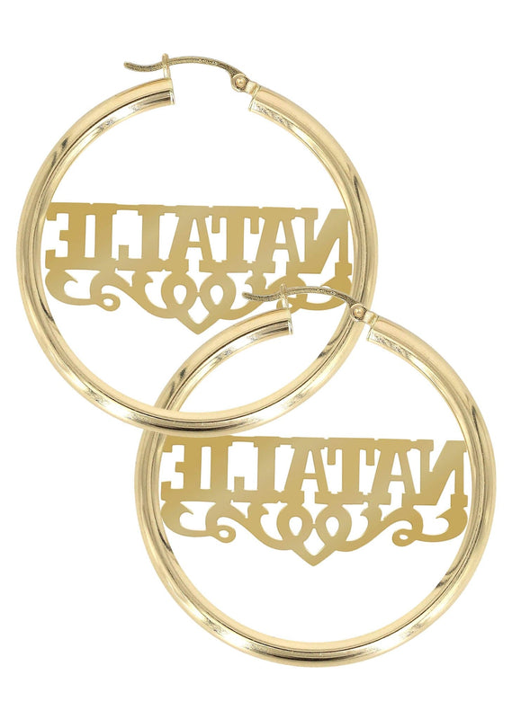 14K Ladies Diamond Cut Name Plate Hoop Earrings