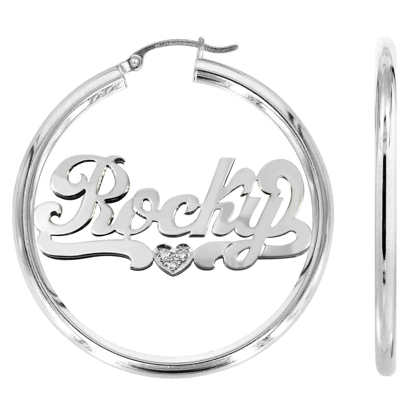 14K Ladies White Gold with Diamond Name Plate Hoop Earrings