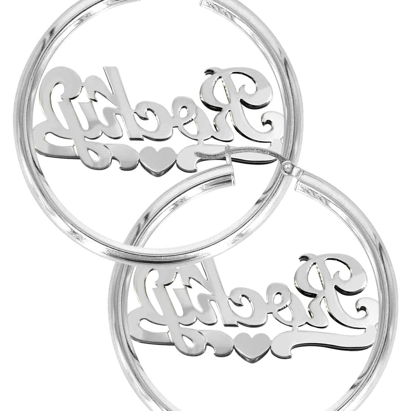 14K Ladies White Gold with Diamond Name Plate Hoop Earrings