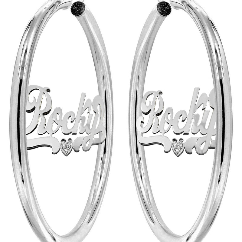 14K Ladies White Gold with Diamond Name Plate Hoop Earrings
