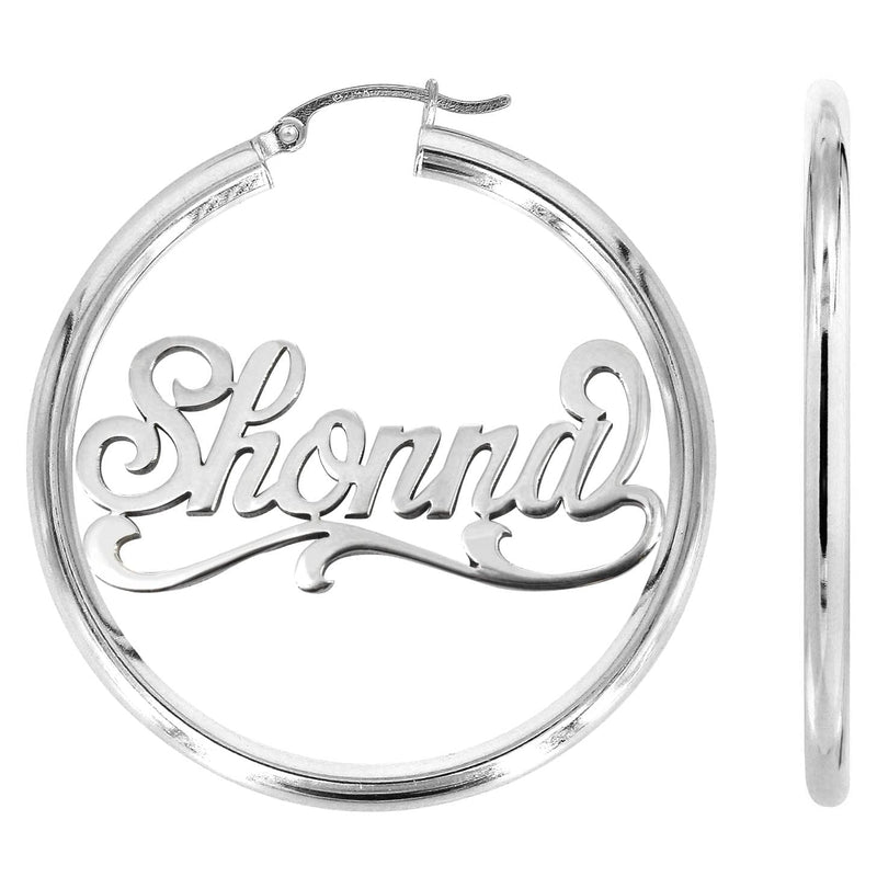 14K Ladies White Gold Name Plate Hoop Earrings