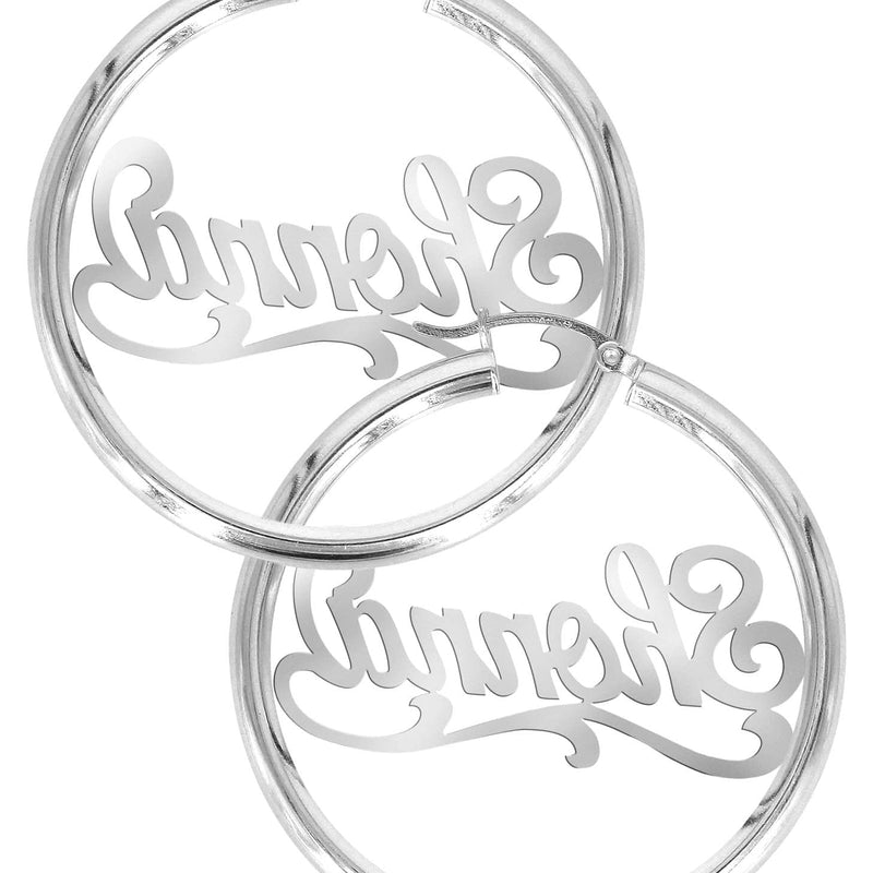 14K Ladies White Gold Name Plate Hoop Earrings