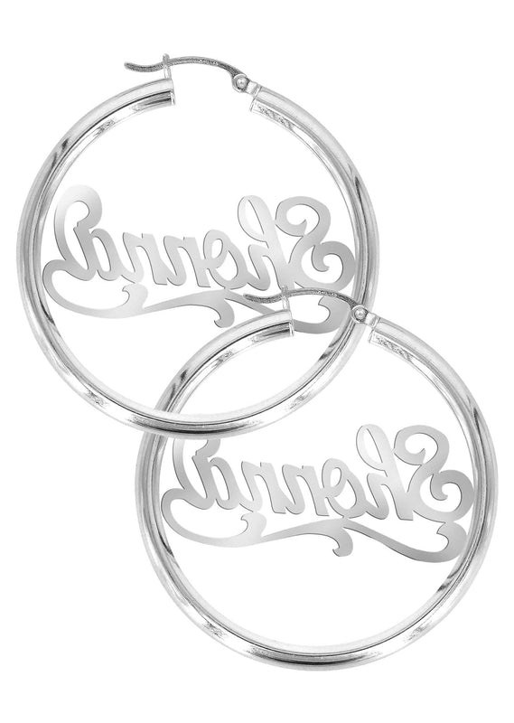 14K Ladies White Gold Name Plate Hoop Earrings