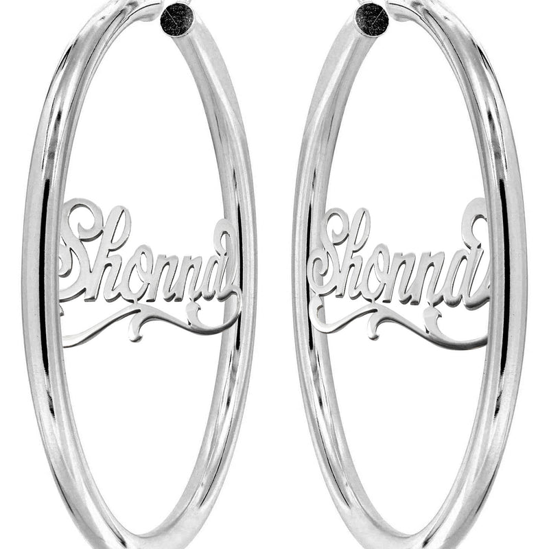 14K Ladies White Gold Name Plate Hoop Earrings