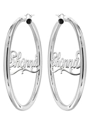 14K Ladies White Gold Name Plate Hoop Earrings