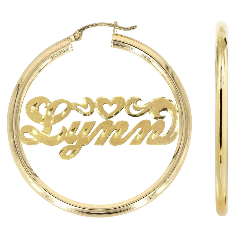 14K Ladies Diamond Cut Heart Name Plate Hoop Earrings
