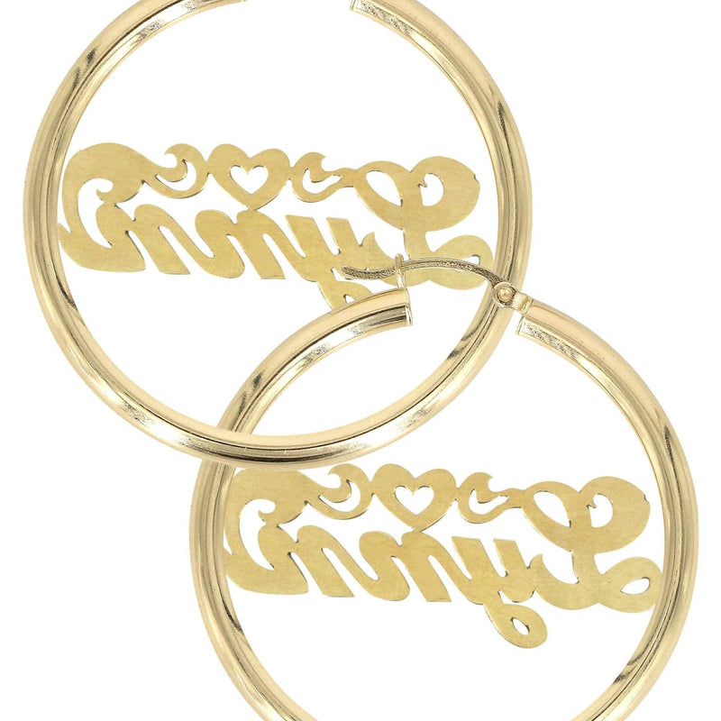 14K Ladies Diamond Cut Heart Name Plate Hoop Earrings