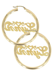 14K Ladies Diamond Cut Heart Name Plate Hoop Earrings