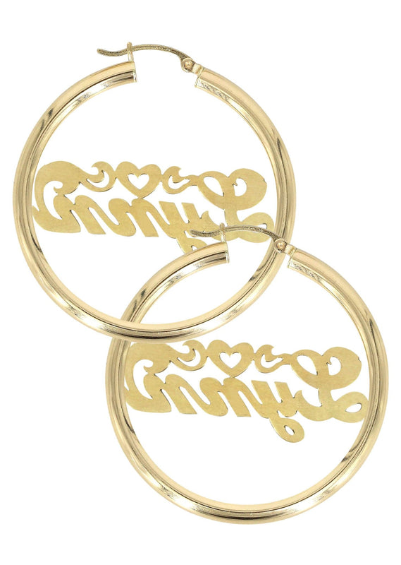 14K Ladies Diamond Cut Heart Name Plate Hoop Earrings