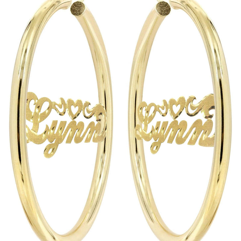 14K Ladies Diamond Cut Heart Name Plate Hoop Earrings