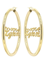 14K Ladies Diamond Cut Heart Name Plate Hoop Earrings
