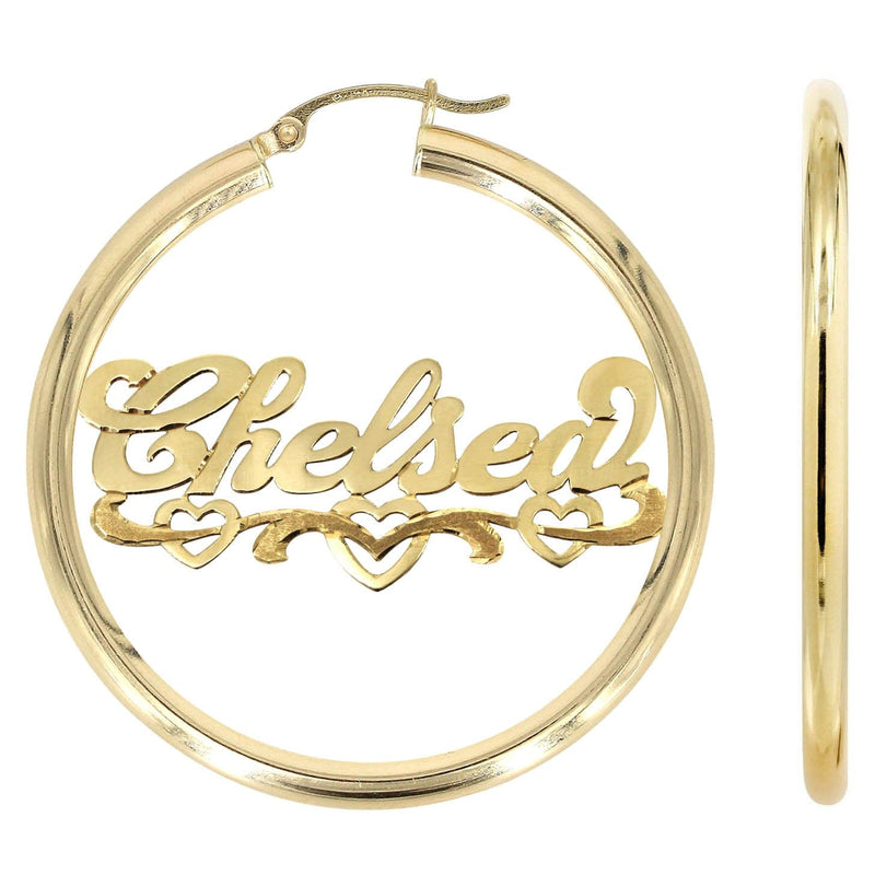 14K Ladies Diamond Cut Heart Name Plate Hoop Earrings