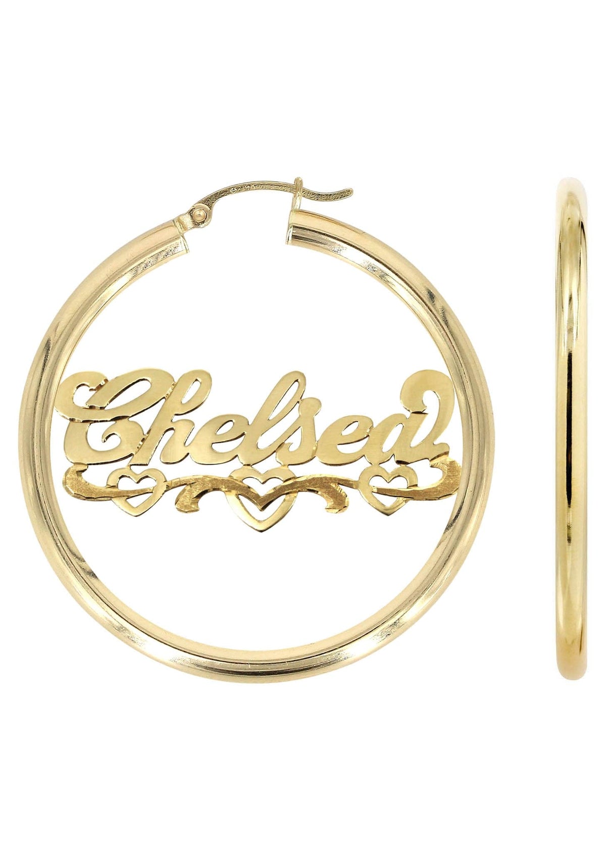 14K Ladies Diamond Cut Heart Name Plate Hoop Earrings