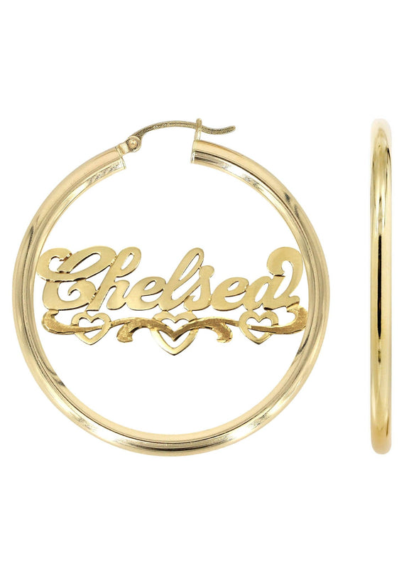14K Ladies Diamond Cut Heart Name Plate Hoop Earrings