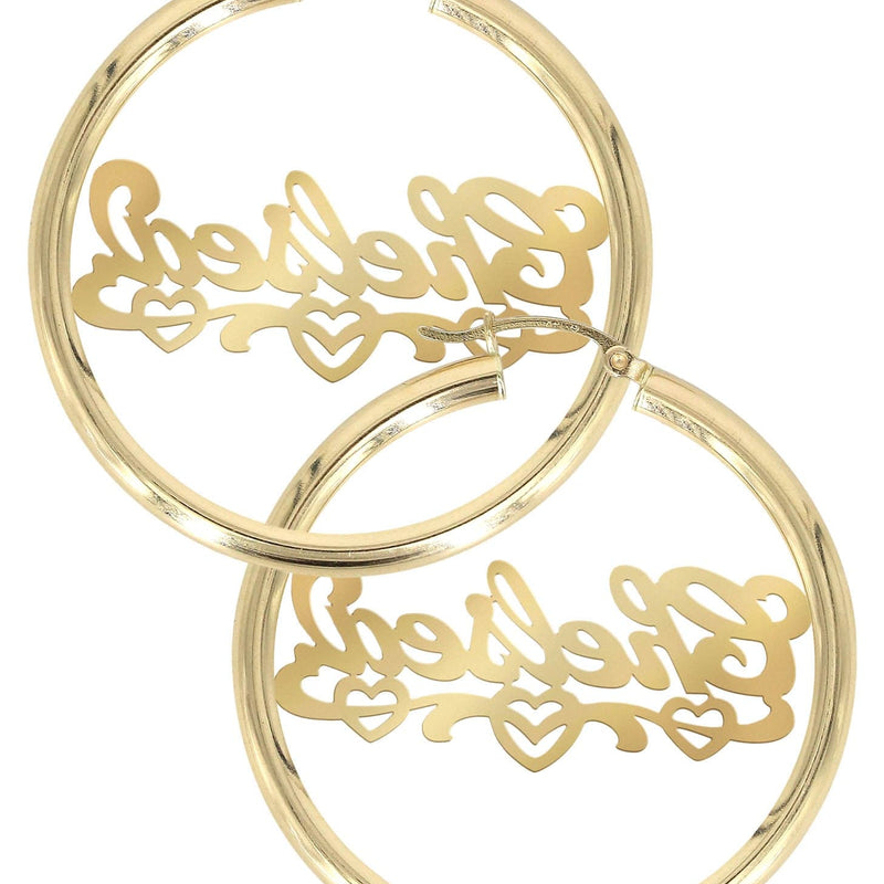 14K Ladies Diamond Cut Heart Name Plate Hoop Earrings