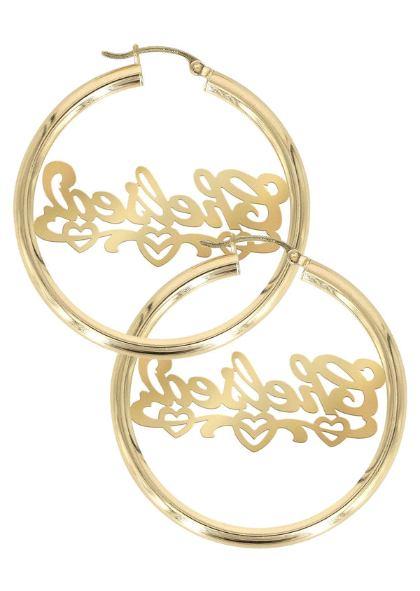 14K Ladies Diamond Cut Heart Name Plate Hoop Earrings