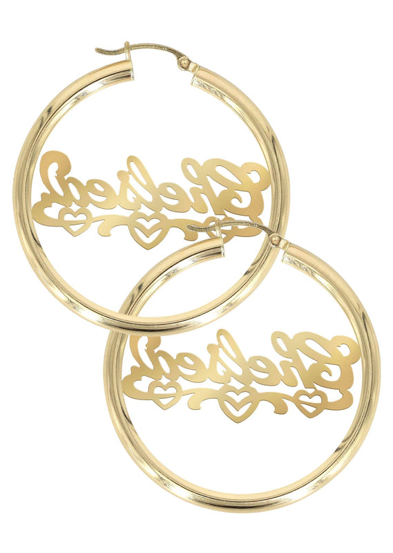 14K Ladies Diamond Cut Heart Name Plate Hoop Earrings