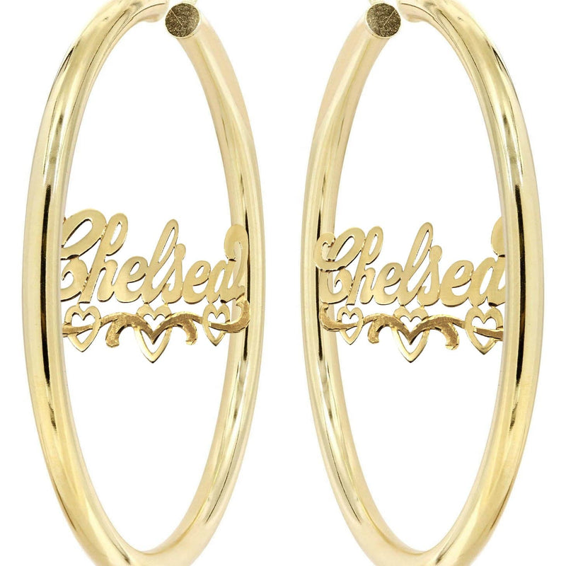 14K Ladies Diamond Cut Heart Name Plate Hoop Earrings