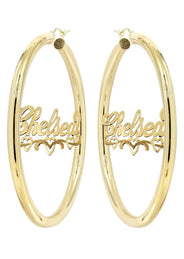 14K Ladies Diamond Cut Heart Name Plate Hoop Earrings