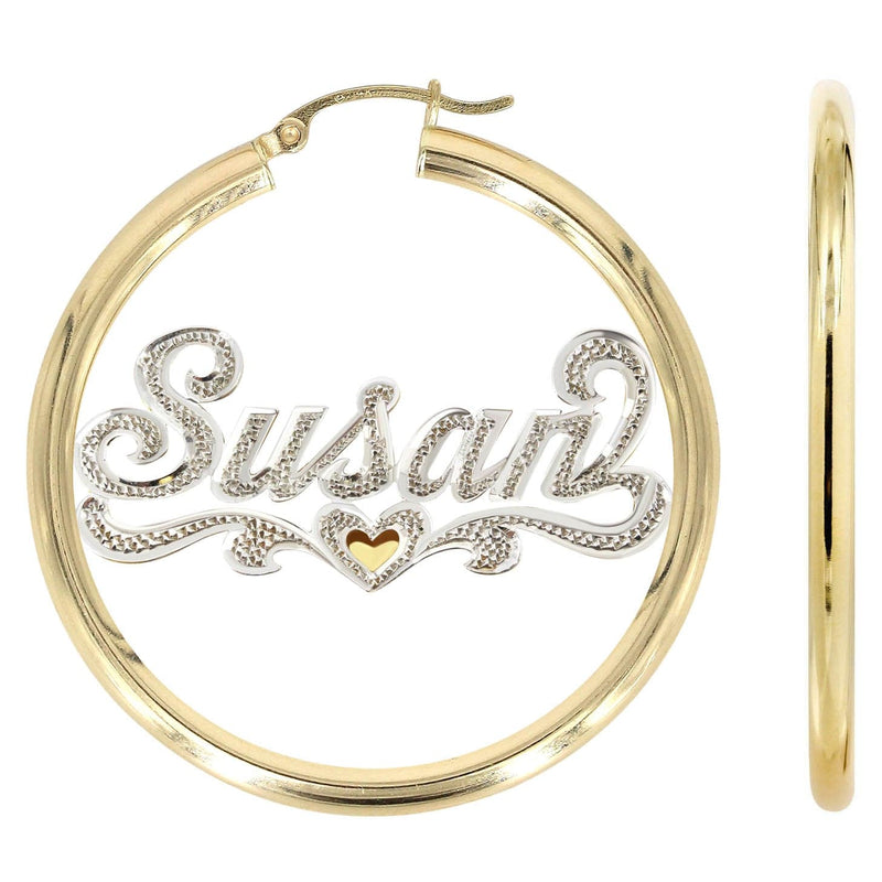 14K Ladies Diamond Cut with Diamonds Name Plate Hoop Earrings