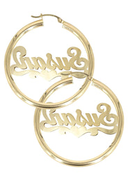 14K Ladies Diamond Cut with Diamonds Name Plate Hoop Earrings