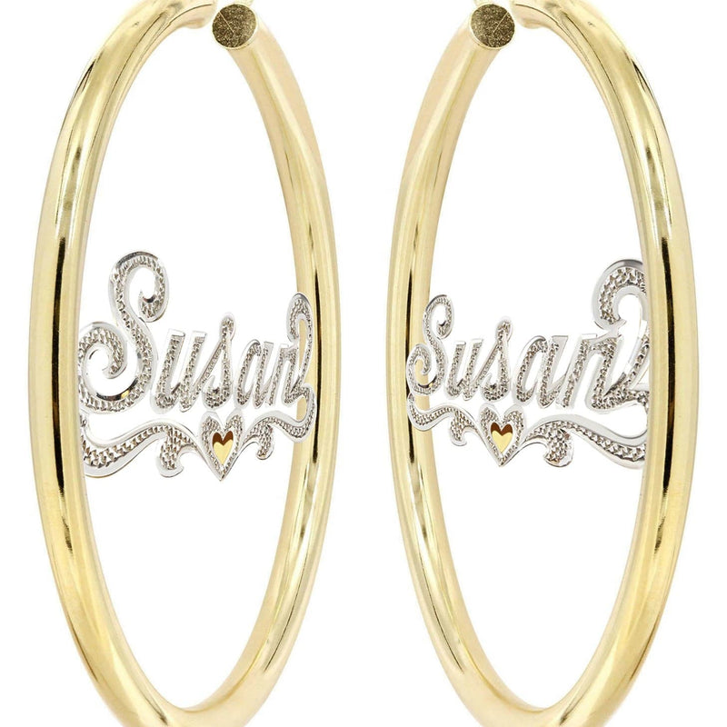 14K Ladies Diamond Cut with Diamonds Name Plate Hoop Earrings