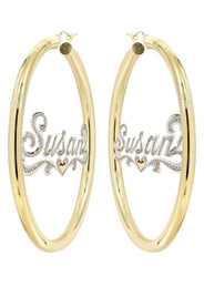 14K Ladies Diamond Cut with Diamonds Name Plate Hoop Earrings