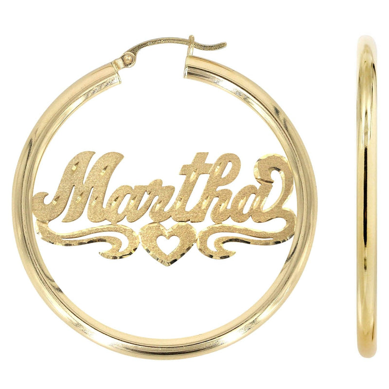 14K Ladies Diamond Cut Heart Name Plate Hoop Earrings