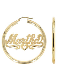 14K Ladies Diamond Cut Heart Name Plate Hoop Earrings