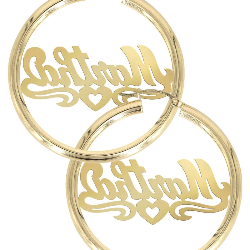14K Ladies Diamond Cut Heart Name Plate Hoop Earrings