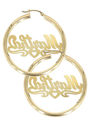 14K Ladies Diamond Cut Heart Name Plate Hoop Earrings