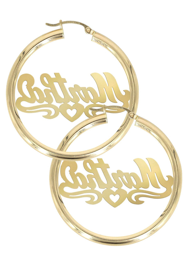 14K Ladies Diamond Cut Heart Name Plate Hoop Earrings