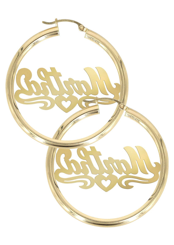 14K Ladies Diamond Cut Heart Name Plate Hoop Earrings