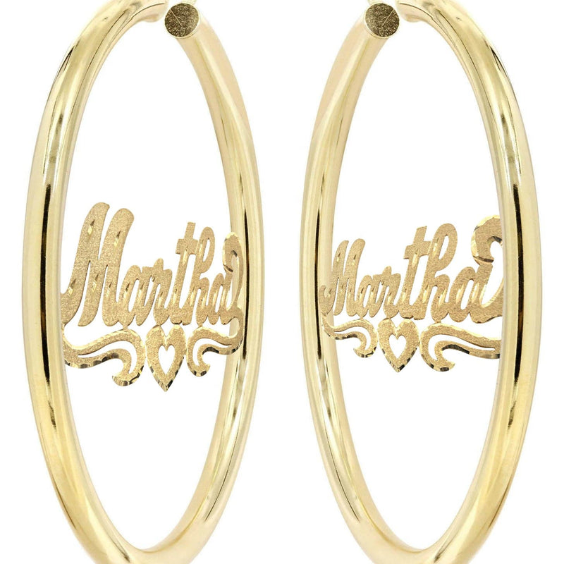 14K Ladies Diamond Cut Heart Name Plate Hoop Earrings