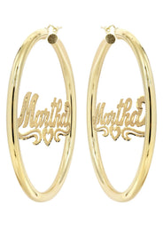 14K Ladies Diamond Cut Heart Name Plate Hoop Earrings