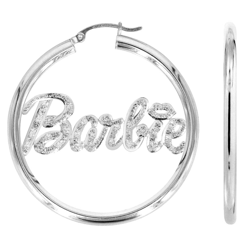 14K Ladies Diamond Cut with Diamonds Name Plate Hoop Earrings