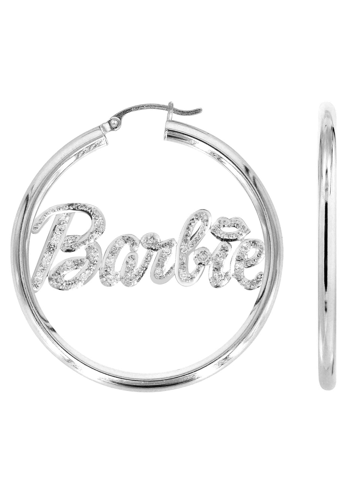 14K Ladies Diamond Cut with Diamonds Name Plate Hoop Earrings