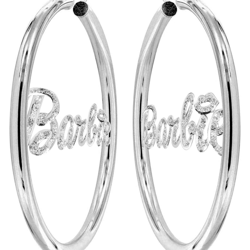 14K Ladies Diamond Cut with Diamonds Name Plate Hoop Earrings
