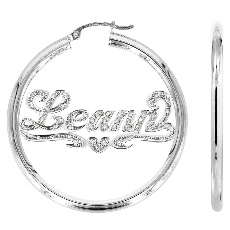 14K Ladies White Gold with Diamonds Name Plate Hoop Earrings