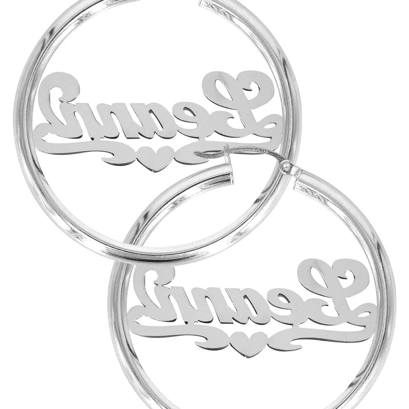 14K Ladies White Gold with Diamonds Name Plate Hoop Earrings