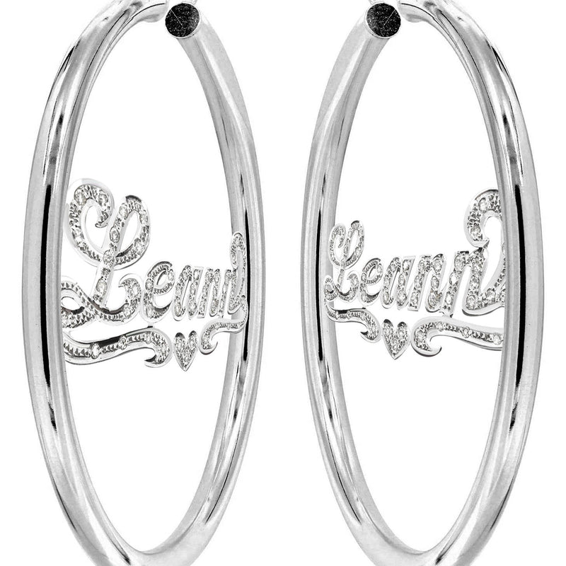 14K Ladies White Gold with Diamonds Name Plate Hoop Earrings