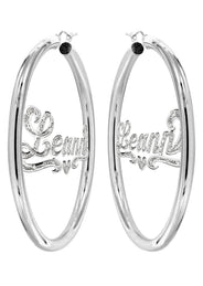 14K Ladies White Gold with Diamonds Name Plate Hoop Earrings