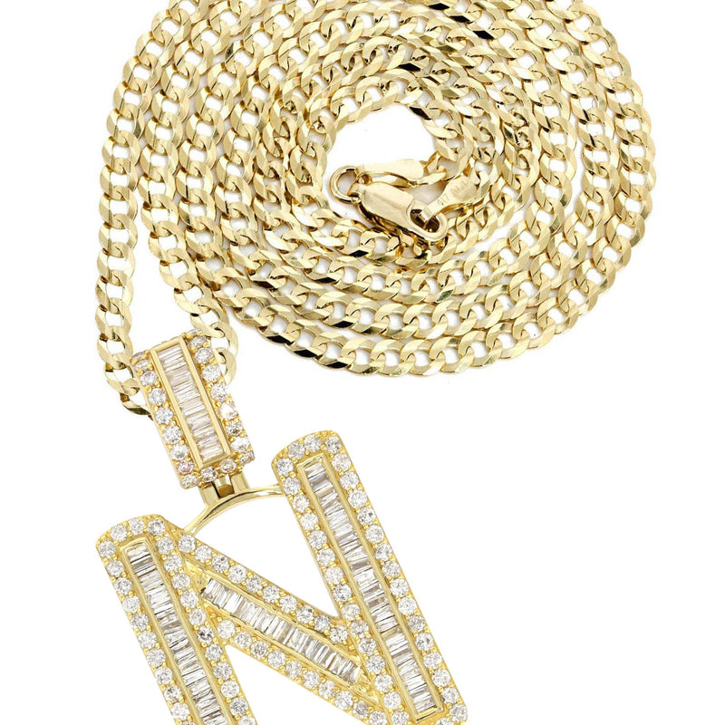 14K Yellow Gold Letter "N" Baguette Diamond Necklace | 2.1 Carats